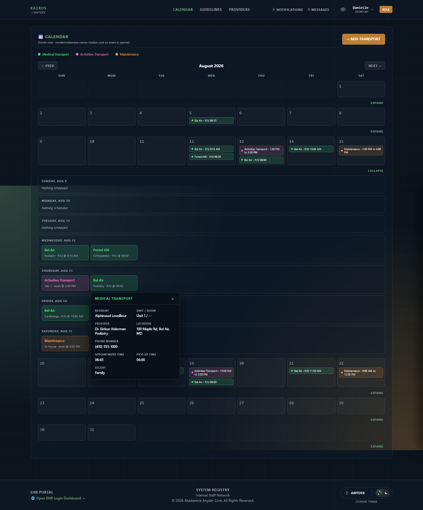 Expanded single-day calendar view with vehicle assignments