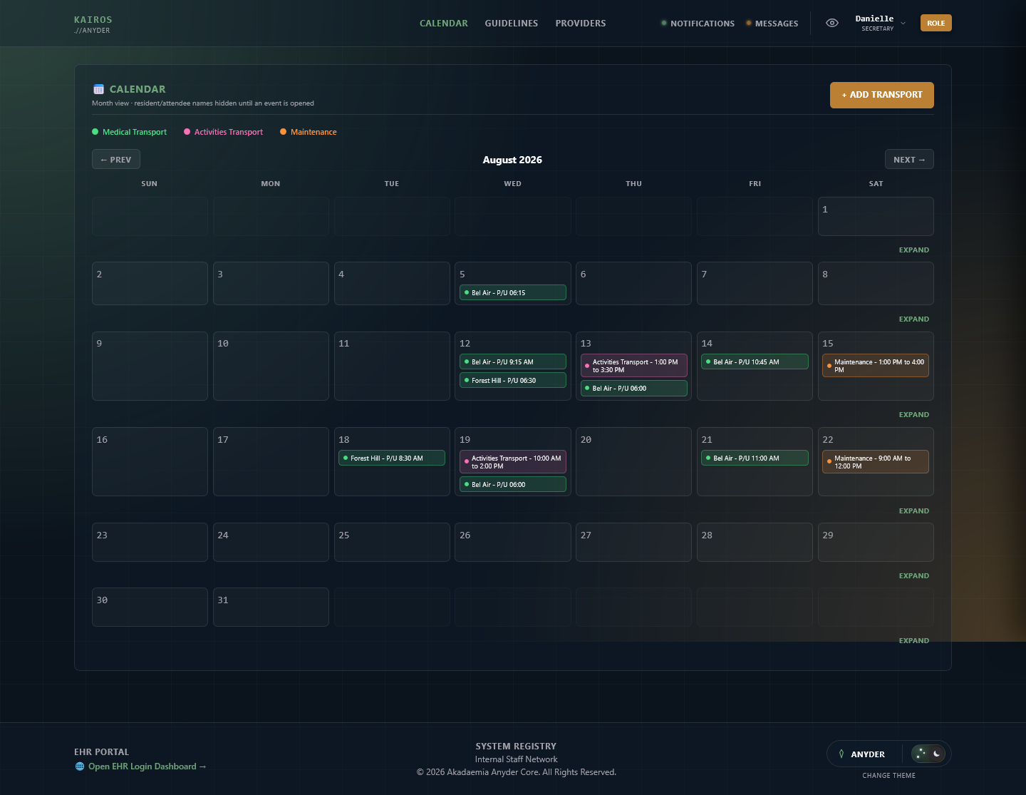 Full calendar view across Medical, Activities, and Maintenance categories