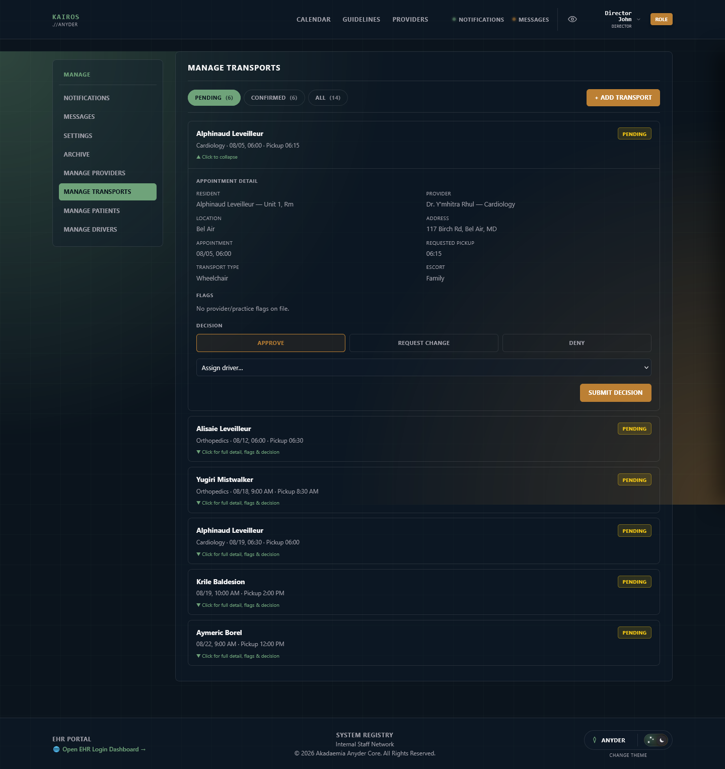 Manage Transports accordion with Approve, Request Change, and Deny actions