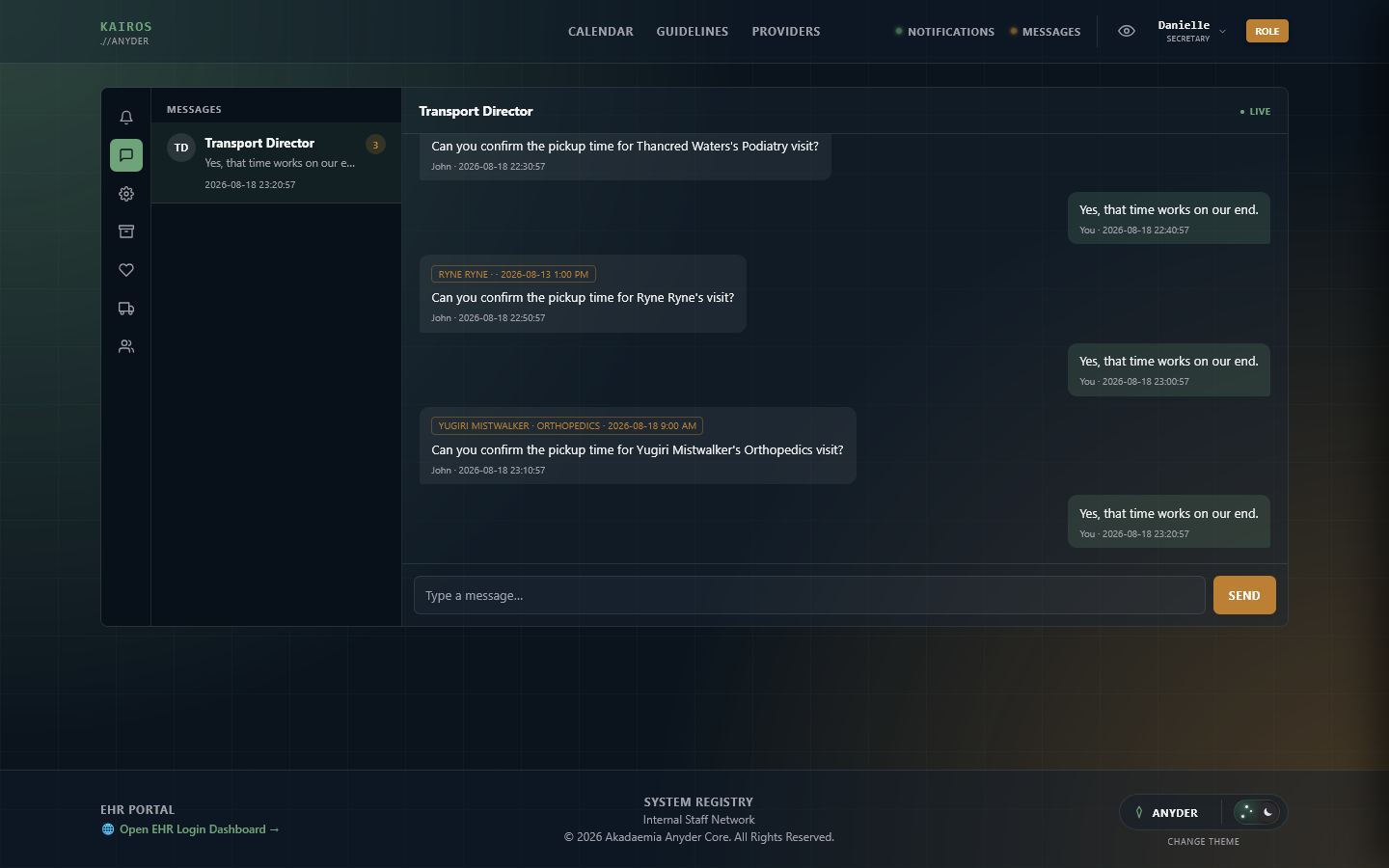 Staff messages inbox with icon-rail navigation